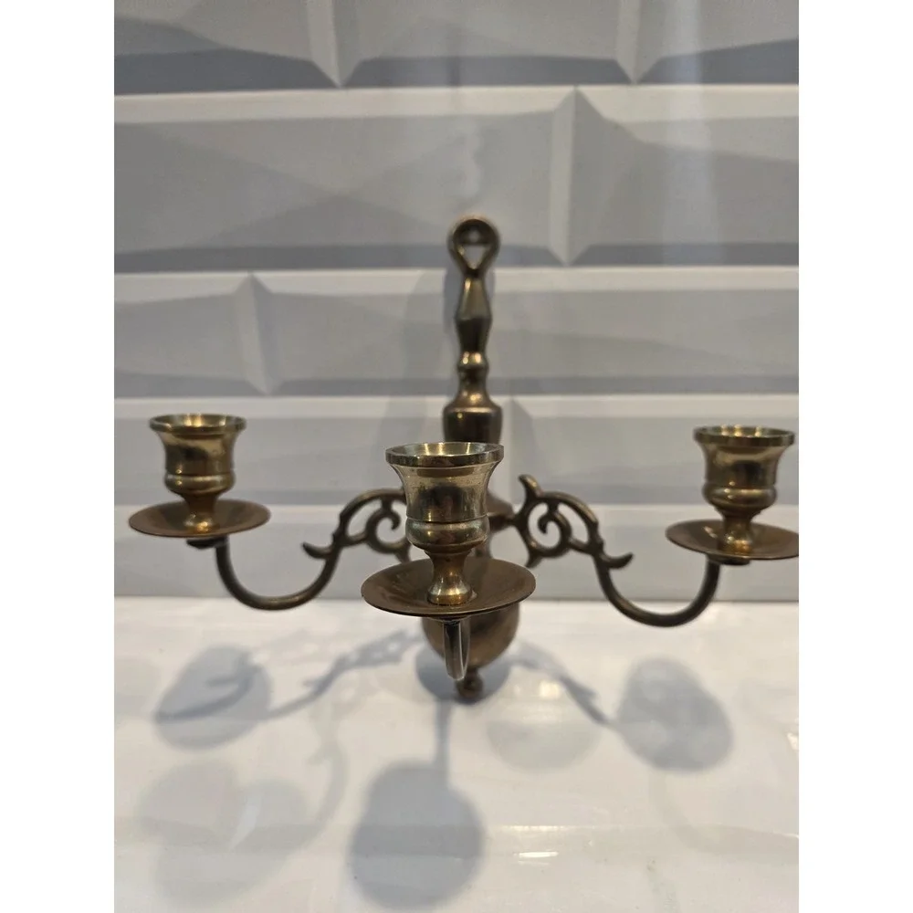2 Vintage Brass 3 Arm Colonial Wall Sconce Candle Holders Pair 9